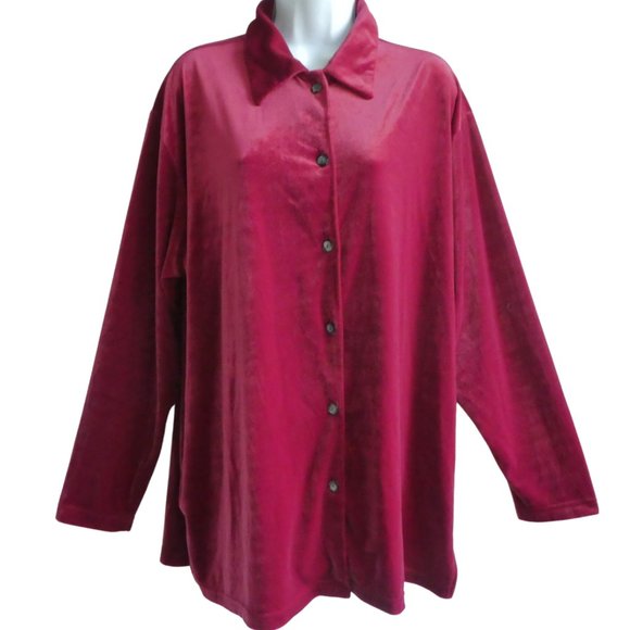 VeVLeT Vintage Epogee Red Plush Tunic Top Pearlized Button Front Stretchy USA XL - Picture 2 of 5
